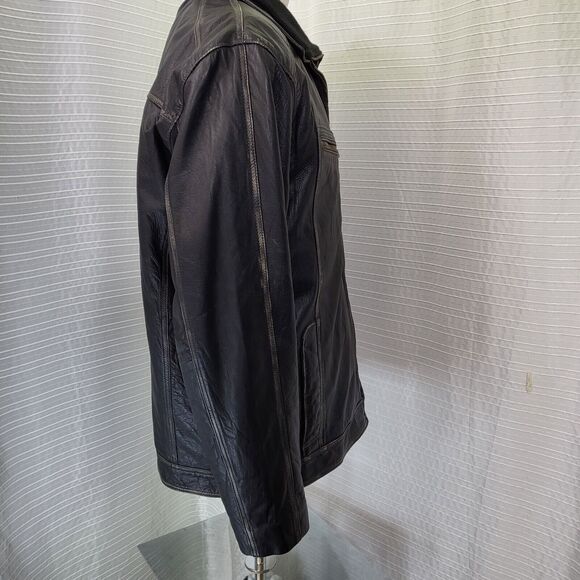 TRANSMISSION Distressed Leather Jacket Collared Removable Lining Black Men's L - Picture 6 of 16